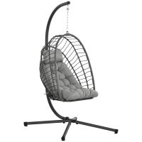 Outsunny Silla Colgante de Ratán Sillón Colgante Plegable con Cojín Reposacabezas y Marco de Acero Carga 100 kg para Interior y Exterior Gris Oscuro - details 0