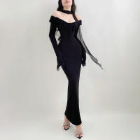 Xeemilo Vestido Largo De Noche Elegante Con Encaje Y Manga Larga Para Mujer Vestido De Fiesta Club Sexy Con Cuello Redondo Y Corte Slim - details 4