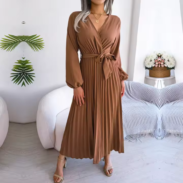 Vestido Largo De Mujer Primavera Verano V-Neck Color Sólido Plisado A-Line Cuello Grande Estilo Casual Largo Hasta El Tobillo - 1