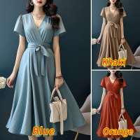 ZANZEA Vestido Midi A-Line Elegante Para Mujer Con Cinturón Y Estampado Sólido Manga Corta Estilo Casual V-Neck Para Vacaciones - details 1