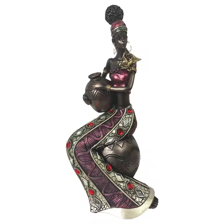 CAPRILO REGALOS & DECORACIÓN Figura Decorativa Étnica de Resina "Africana con Jarrón y Pedrería". Adornos y Esculturas. Regalos Originales. Decoración Hogar. 14 x 13 x 29 cm. - 1