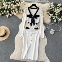 YuooMuoo Vestido Elegante Bodycon Para Mujer Con Cuello V Y Lazo Manga Larga Split Frontal Estilo Oficina Lady Chic Para Fiesta Y Trabajo - details 28