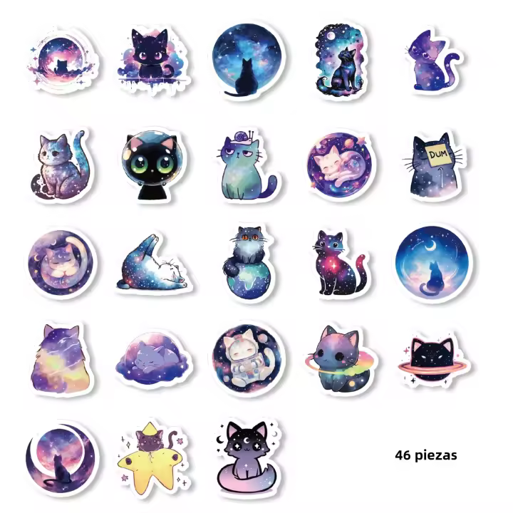 Pegatinas Tema Gato Estrellado 46pcs PVC Impermeables Para Decoración De Portátil Botella Y Maleta Accesorios Creativos Para Jóvenes De 14 Años O Más - 1
