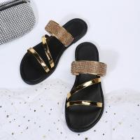 Sandalias Planas De Cuero Patentado Dorado Y Plateado Para Mujer Verano 2023 Con Diamantes Bling Ancho Y Estilo Casual Para Playa - details 0