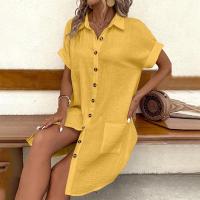 Vestido Elegante De Verano Para Mujer Con Cuello En V Y Mangas Cortas Botones Y Cuello Encogible Vestido De Oficina Para Dama Con Estilo Robe - details 29