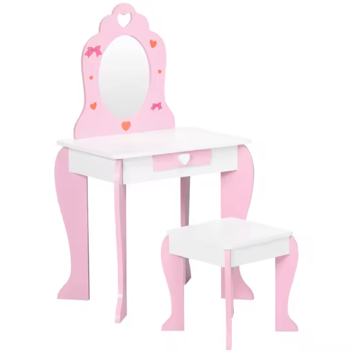 ZONEKIZ Tocador Infantil de Madera Tocador para Niñas con Taburete y Espejo Tocador de Maquillaje para Niñas de 3-6 Años con Cajón 50x36,5x89,5 cm Rosa - 1