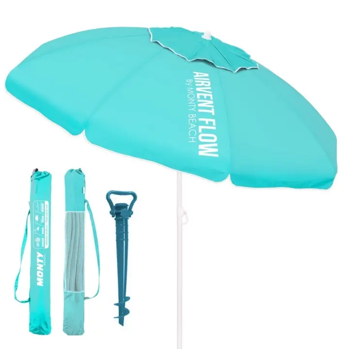 Sombrilla playa 200 cm y soporte arena, protección UV+50, sombrilla antiviento, varillas flexibles fibra vidrio, techo ventilación, mástil inclinable y regulable altura, bolsa transporte - 1