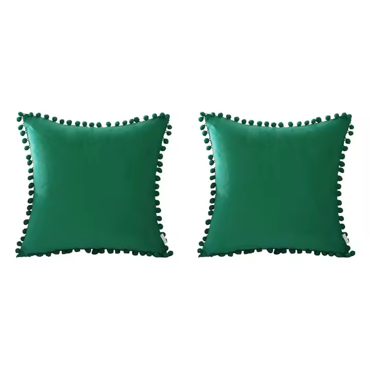 Funda de Cojín de Terciopelo con Pompones de 18x18 Pulgadas - Set de 2 - Decoración para Sala de Estar y Coche - Verde Oscuro - 1