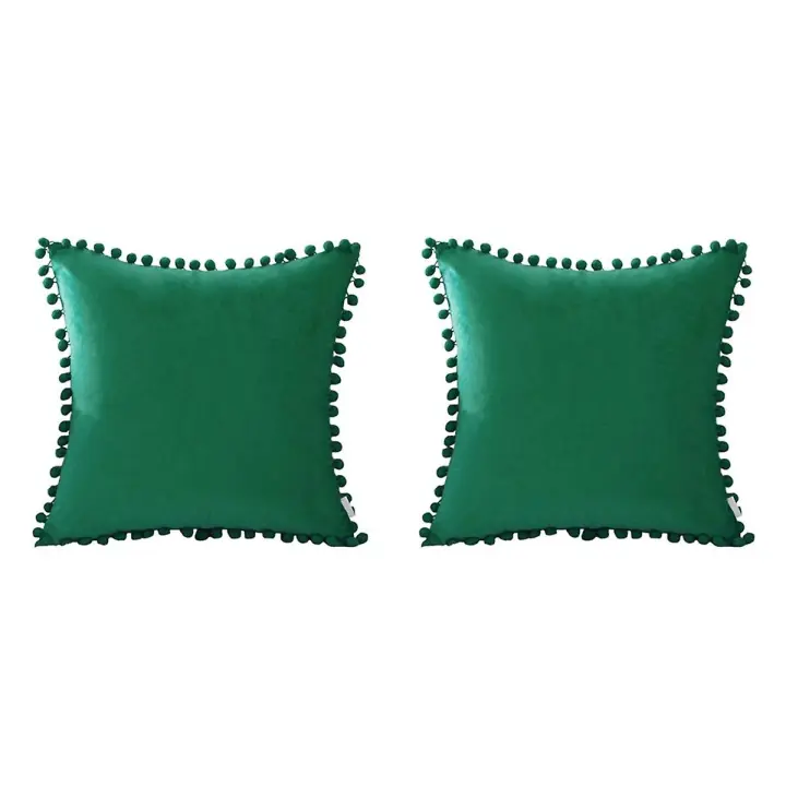 Funda de Cojín de Terciopelo con Pompones de 18x18 Pulgadas - Set de 2 - Decoración para Sala de Estar y Coche - Verde Oscuro - 1