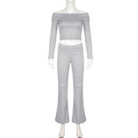 HEYounGIRL Conjunto De Camiseta Y Pantalones Flares De Manga Larga Hombro Descubierto Estilo Casual Streetwear Slim Para Mujer Otoño Invierno - details 0