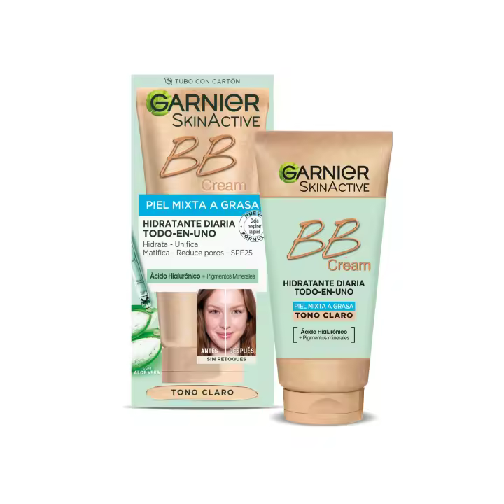 Garnier SkinActive BB Cream Matificante para Pieles Mixtas a Grasas Tono Claro. Hidratante Todo en Uno con Color con SPF 25  Ácido Hialuronico,Extracto de Aloe Vera y Pigmentos Minerales,Hidrata, Unifica, Corrige e Ilumina piel- 50ML - 1