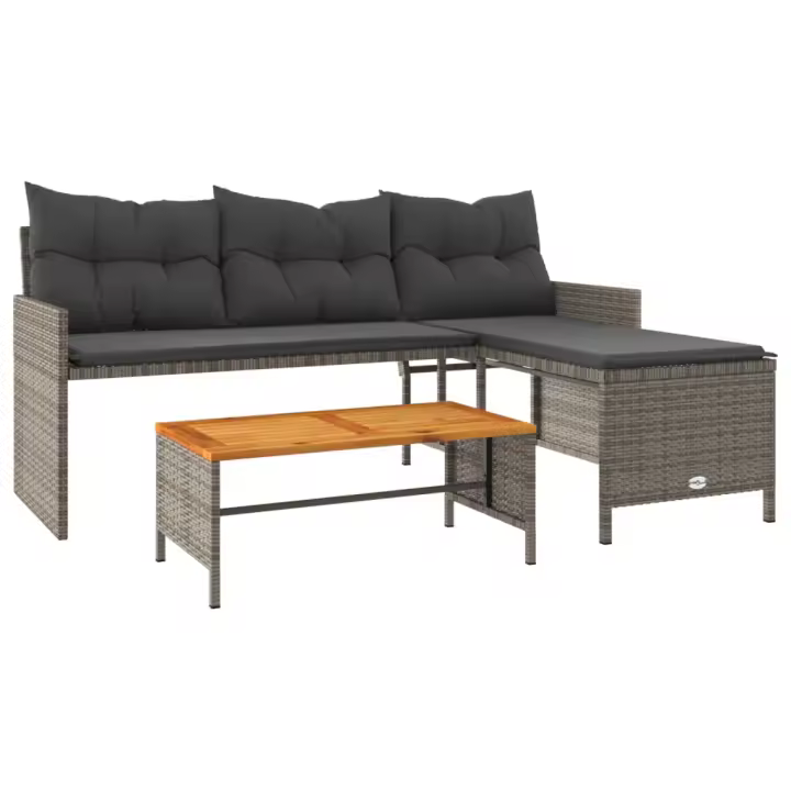 vidaXL Sofá de jardín en forma de L con mesa y cojines ratán PE gris - 1