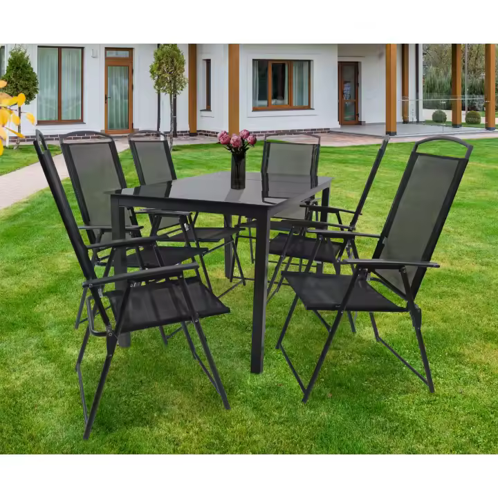 Juego de muebles de jardín de 7 piezas muebles de jardín mesa de cristal sillas juego de respaldo alto 140S Juego de muebles de jardín de 7 piezas muebles de jardín mesa de cristal sillas juego de respaldo alto 140S - 1