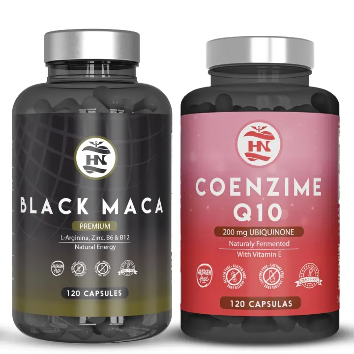HN - Healthy Nutriton - Pack Maca Negra & Coenzima Q10  - Maca Negra Andina Peruana con L Arginina - Energía y Rendimiento - Vitaminas B6 y B12 (120 Caps) - Coenzima Q10 200mg - (120 caps 4 meses) apoya la Función Muscular y Aumenta el Rendimiento Físico. - 1