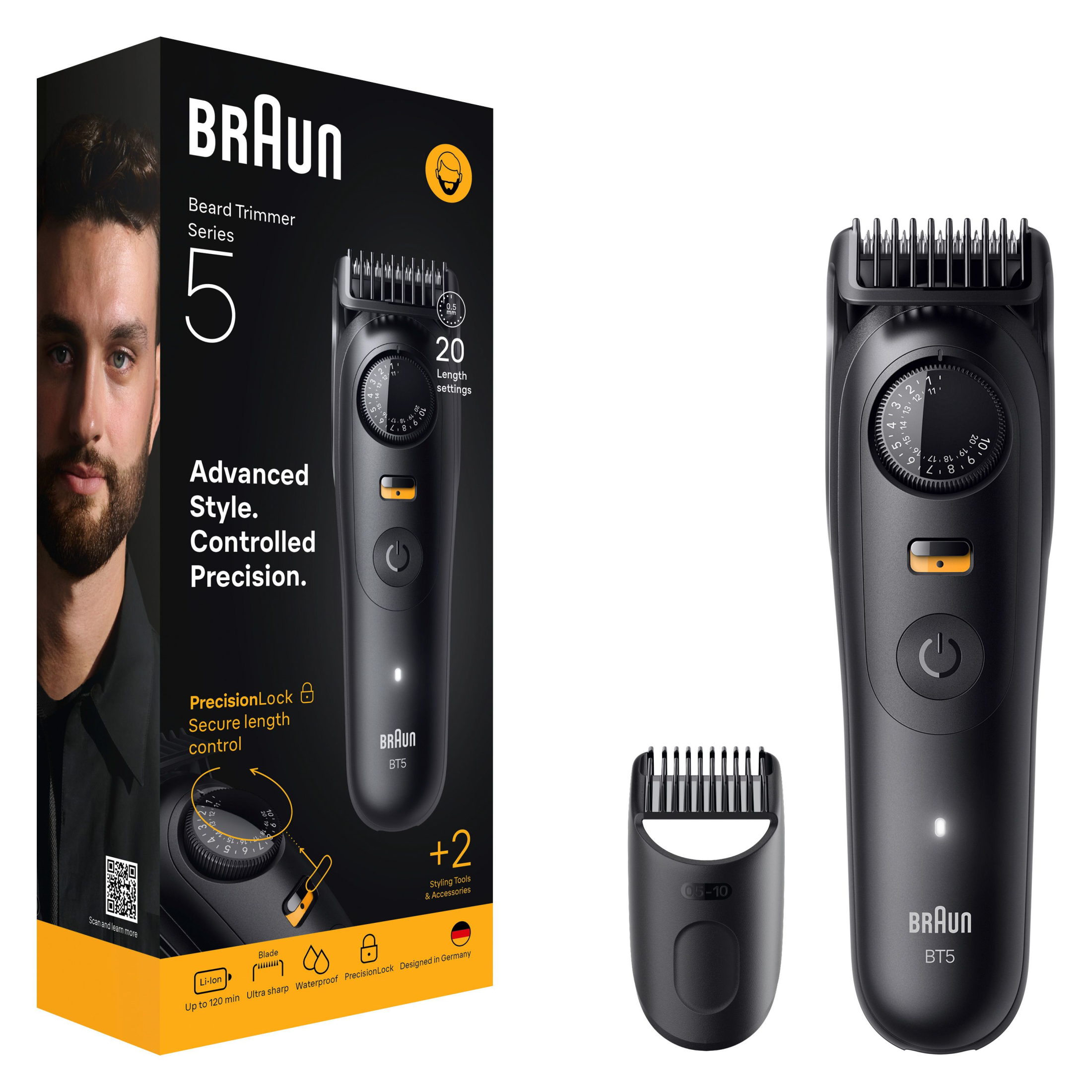 Braun Series 5, recortadora de barba con lámina ultraafilada, 40 ajustes de longitud, 120 min de autonomía inalámbrica, funda, accesorios para conseguir tu estilo, estuche. Producto Europeo con Garantía Oficial.