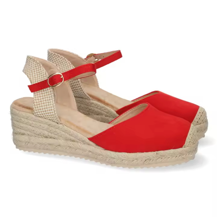 PuntoSalao Sandalia de cuña baja en yute mujer color rojo textura - 1