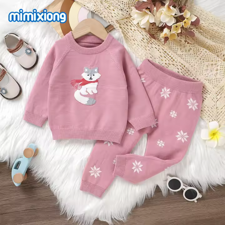 Conjunto de ropa para Bebe y Niña, suéter y pantalones de manga Larga, Tops y pantalones de Zorro para nuevos nacidos, cálidos, suelta, 2 piezas, Invierno - 1