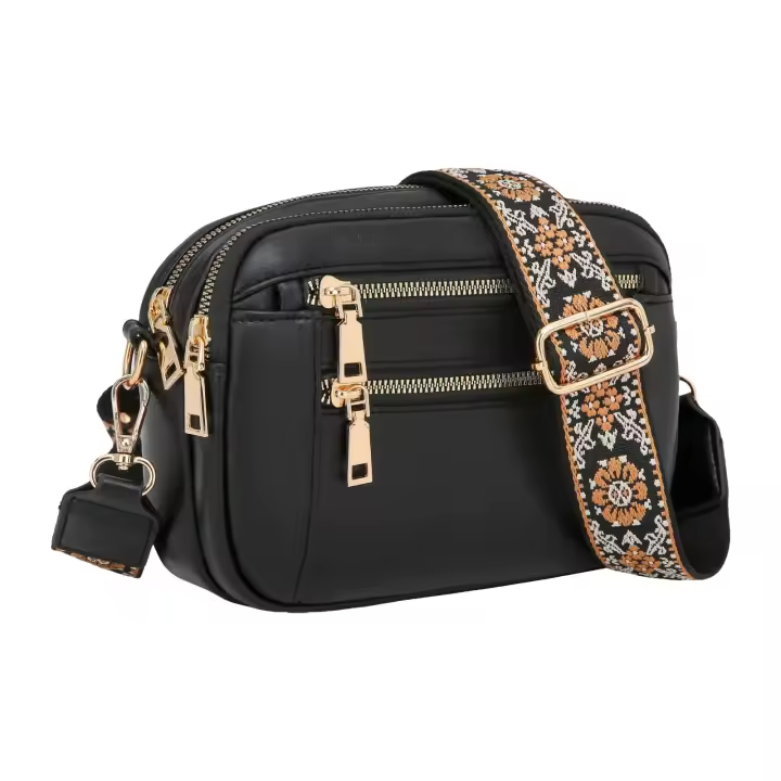 Bolsos de mano para mujer, múltiples bolsillos, nuevo bolso bandolera de un solo hombro de PU de color sólido, hecho a mano, con correas de colores, bolsos cruzados de cuero con correa de guitarra, bolsos cruzados pequeños para - 1