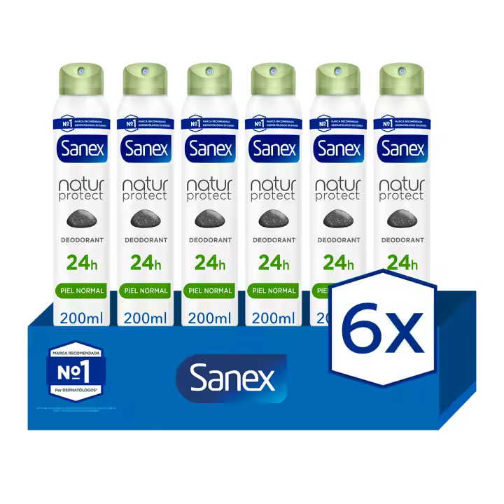 Desodorante spray Sanex Natur Protect piel normal 24h con piedra de alumbre 200ml. Pack 6 - 1