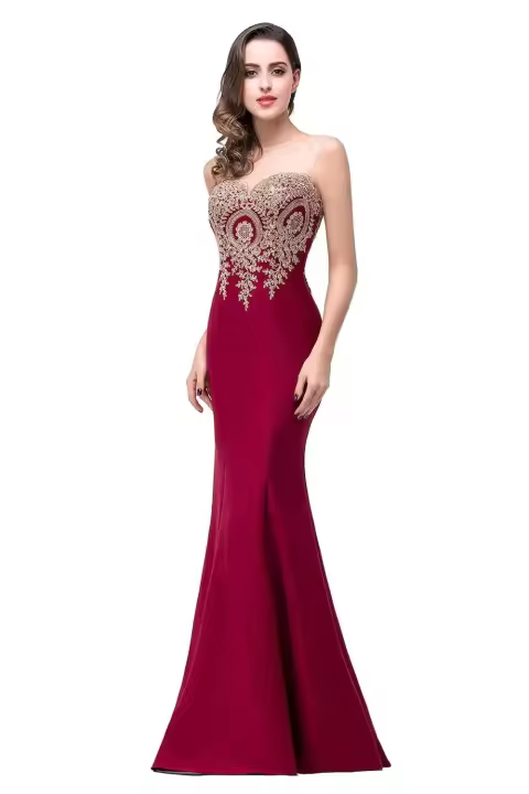 Vestido De Noche Elegante De Sirena Para Mujer Azul Rojo Con Aplicaciones Doradas Lace Sweetheart Illusion Vestido De Boda Fiesta Prom Robe De Soiree - 1