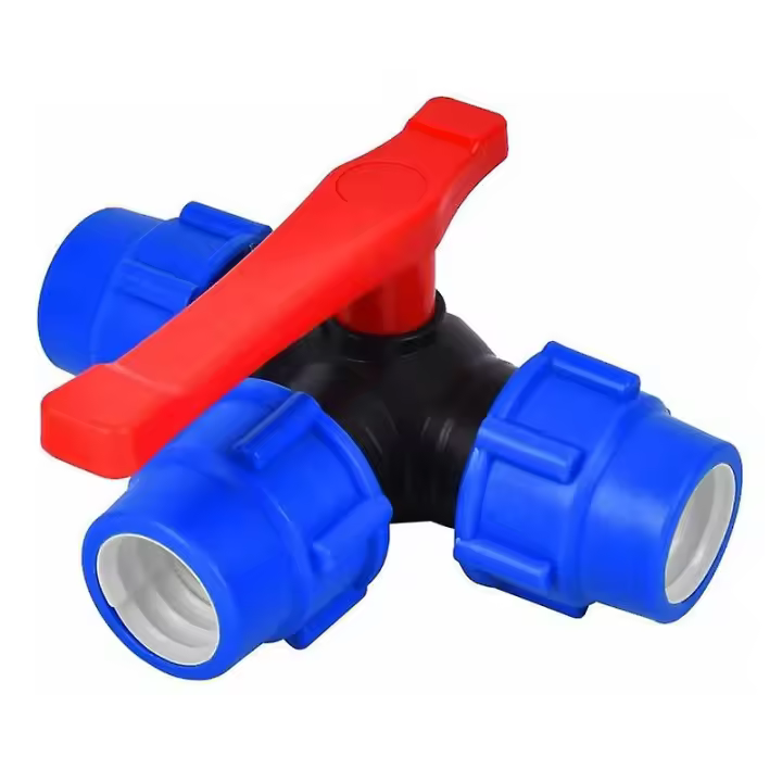 Válvula de bola de cierre, válvula de bola de tres vías de 32 mm, conexión rápida, conector en T de interruptor rápido para tubería de PVC y PE (tamaño: 32 mm, color: azul y negro aleatorio) - 1