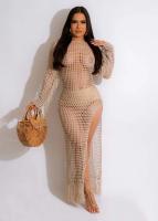 Vestido Midi Bodycon De Encaje Con Borlas Y Manga Larga Para Mujer Estilo Playa Fashion Hollow out Y Abertura Lateral Alta - details 15