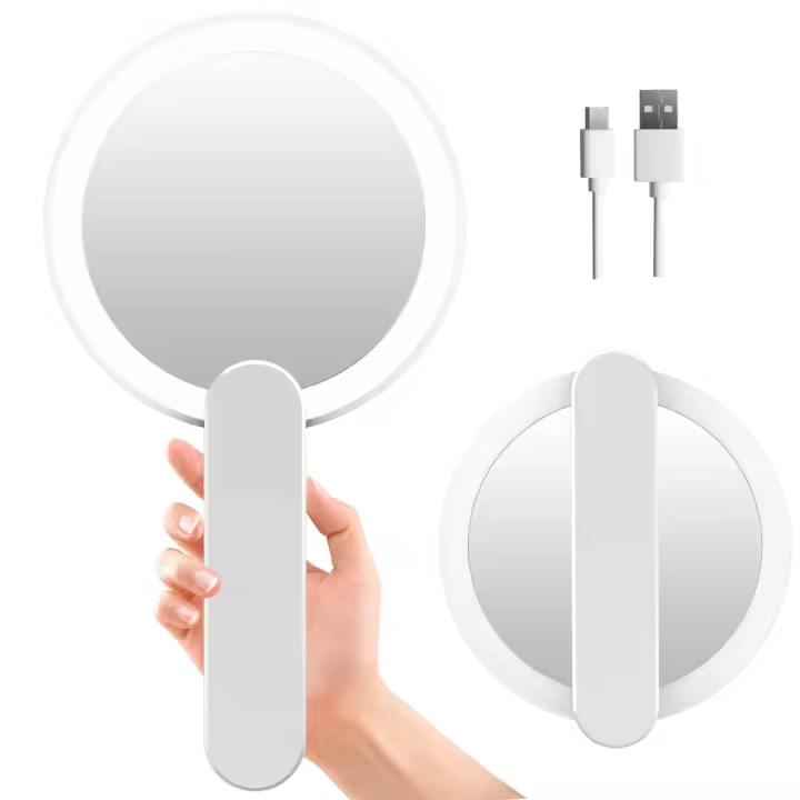 Espejo de mano con luces, espejo lateral con mango giratorio, perfecto para viajes, compacto, de bolsillo, para bolso, plegable, con carga USB. Blanco - 1