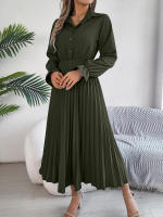Vestido Largo De Primavera Verano Para Mujer Estilo Casual Color Sólido Cuello Polo Botones Mangas Flares Pliegues Centenares Vestido A-Line - details 0