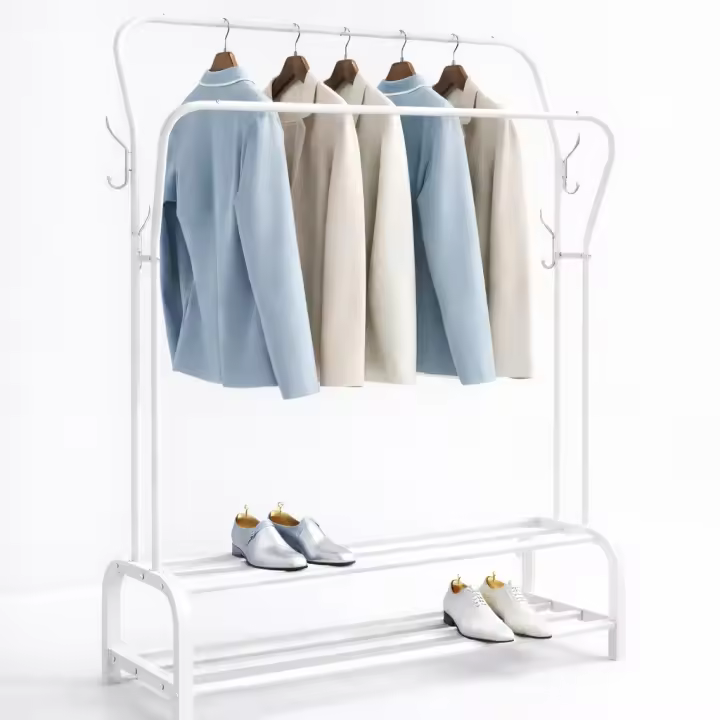 T-LoVendo Perchero Burro Doble Ropa Metálico Negro con Zapatero Inferior | Estante con Estructura Curva | Barra Colgador Resistente | Dormitorio Vestidor Entrada Organizador de Ropa y Zapatos - 1