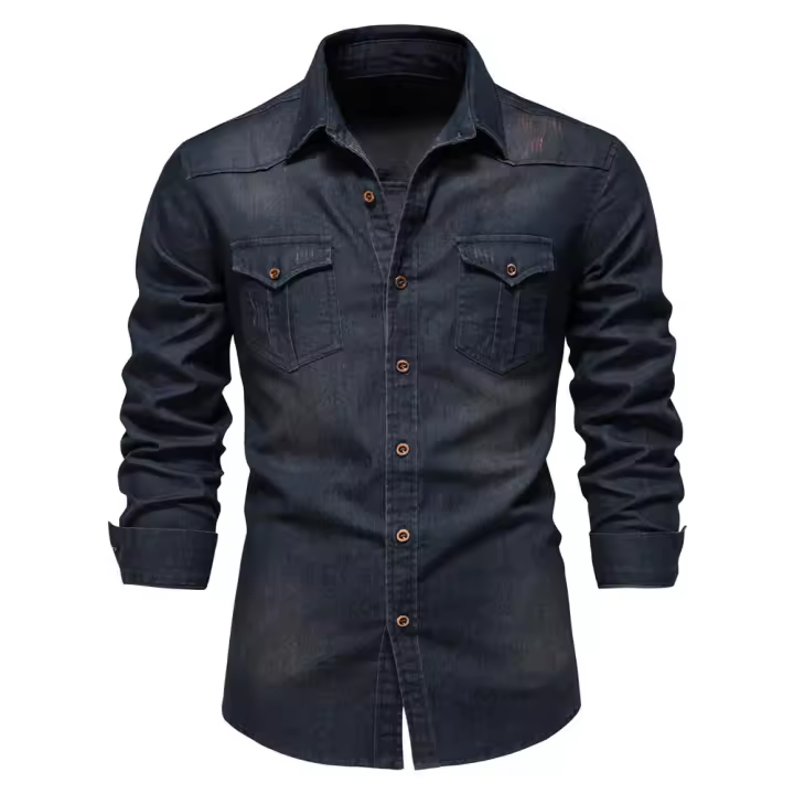 Camisa vaquera sin hierro para hombre, camisa informal de manga larga de color sólido sin hierro, nuevo estilo a la moda, 2024 - 1