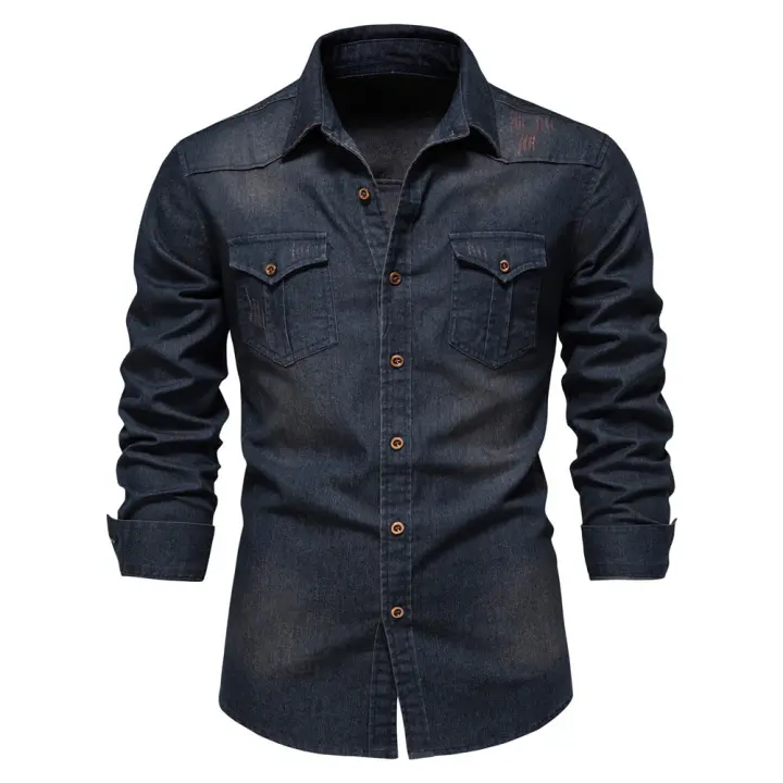 Camisa vaquera sin hierro para hombre, camisa informal de manga larga de color sólido sin hierro, nuevo estilo a la moda, 2024 - 1