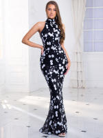 Vestido Largo De Noche Con Floral Y Lentejuelas Cuello Alto Sin Mangas Elegante Ajustado Para Fiesta Boda Maxi Gown - details 5