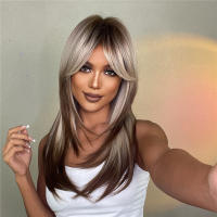 Pelucas Sintéticas De Encaje ALAN EATON Para Mujeres Rubia Con Mechas Marrón Y Corte Con Franja Peluca Larga Recta Ombre Heat Resistant - details 6