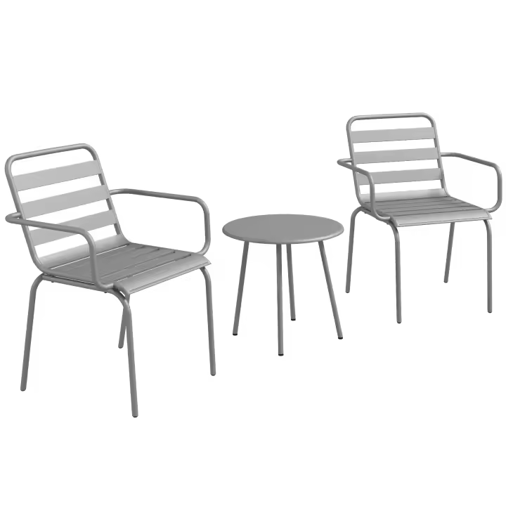 Outsunny 3 uds. Juego de muebles de jardín Bistro con 1 mesa de centro y 2 sillas apilables, juego de balcón, grupo de asientos para balcón, terraza, acero, gris claro - 1
