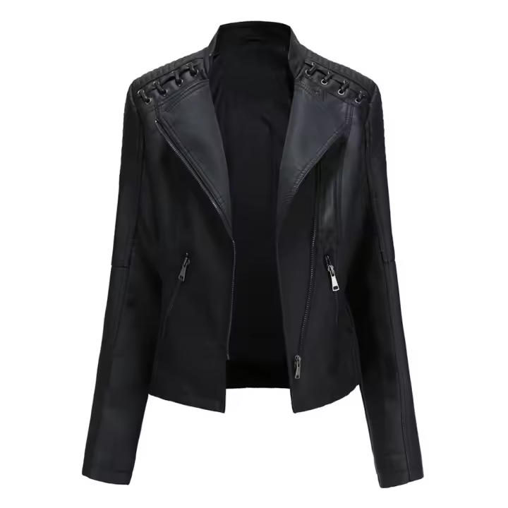 Chaqueta De Motociclista De Cuero PU Para Mujer Chaqueta De Motocross De Cuello Erguido Con Cremallera Ajustada Y Estilo Casual - 1