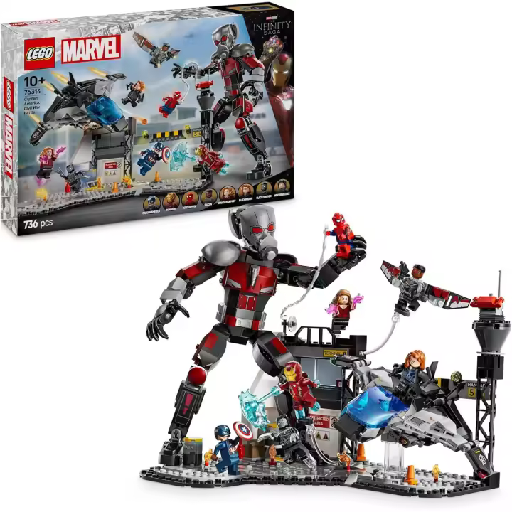 LEGO Marvel Gran Batalla de Capitán América: Civil War, Juguete de Superhéroes con Quinjet y 8 Minifiguras Inc. Capitán América, Wanda Maximoff, Iron Man, Spider-Man y Black Panther (76314) - 1