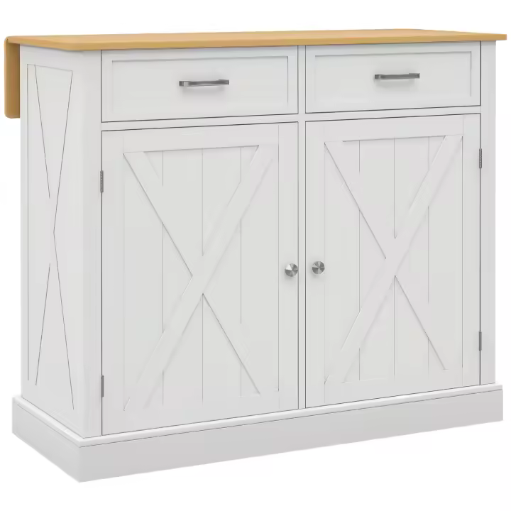 HOMCOM Isla de Cocina Carro de Cocina con Encimera de Madera Plegable 2 Puertas 2 Cajones Estante Ajustable y 4 Ruedas 105x60x90,5 cm Blanco - 1