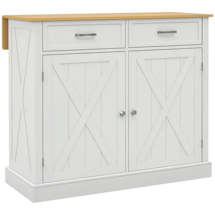 HOMCOM Isla de Cocina Carro de Cocina con Encimera de Madera Plegable 2 Puertas 2 Cajones Estante Ajustable y 4 Ruedas 105x60x90,5 cm Blanco - 1