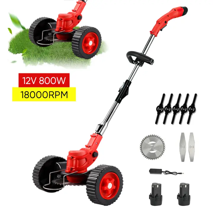 Cortacésped eléctrico de mano - 12V plegable dos baterías y un cargador - 800 W - Varilla telescópica, bajo nivel de ruido - - 1