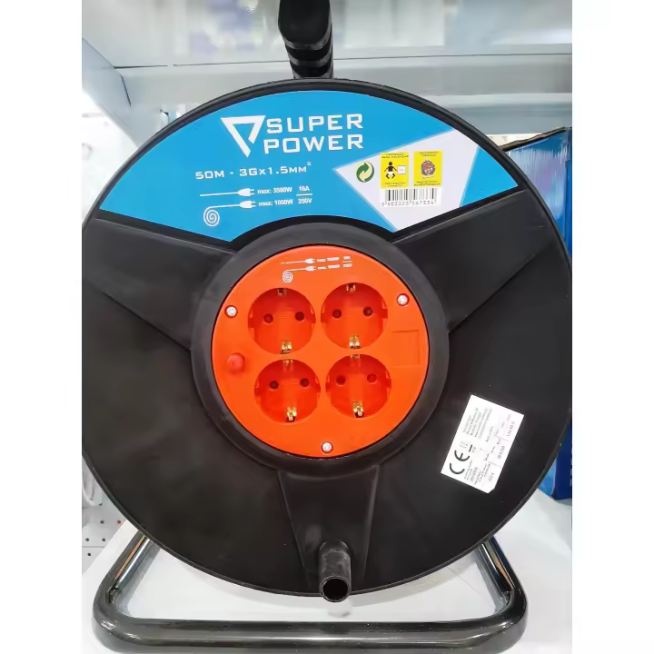 Prolongador Eléctrico  SUPER POWER con Enrollacable, 50m, 3G x 1,5mm². Extensión Eléctrica 56733 (Enchufes: 4 ) - 1