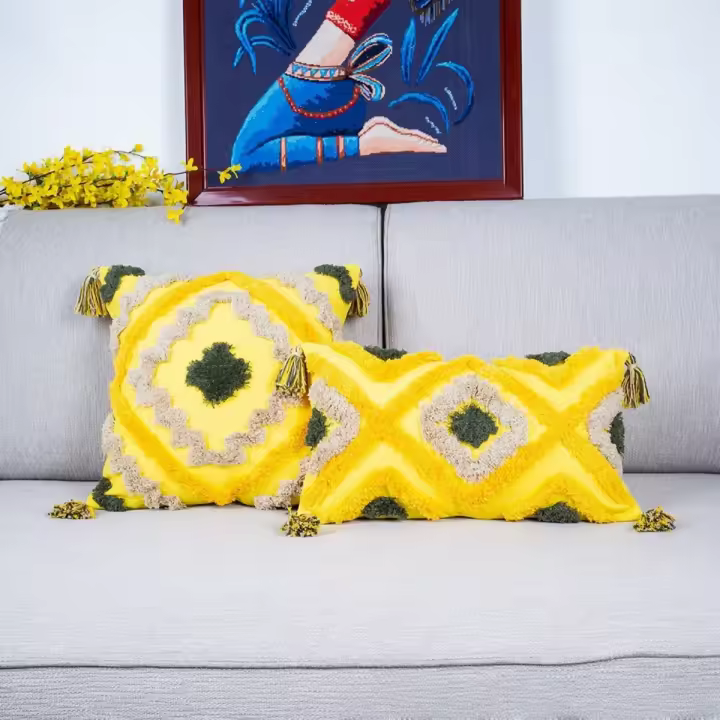 Multicolor (Amarillo) Funda de cojín abrazable + relleno, Soporte lumbar geométrico de felpa para sofá - 1