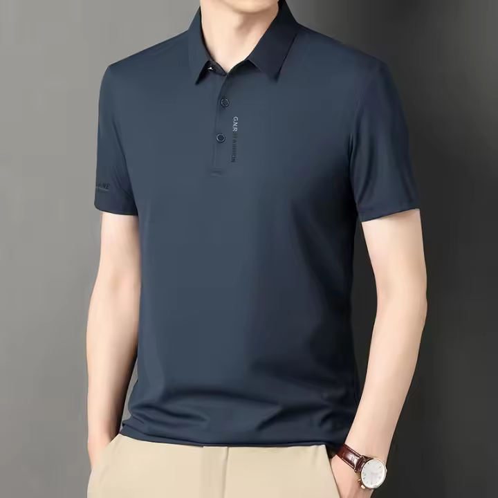 Camisa Polo Casual Para Hombre Verano Corta Color Sólido Negocios Camiseta Transpirable Con Cuello En V Botones Talla Grande - 1