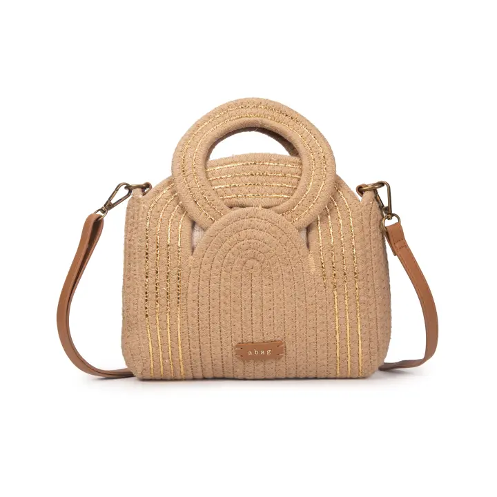 Bolso de algodón con asa circular y bordados dorados | Elegante, versátil y ligero | Modelo exclusivo verano 2025 | Edición limitada | ABAG - 1