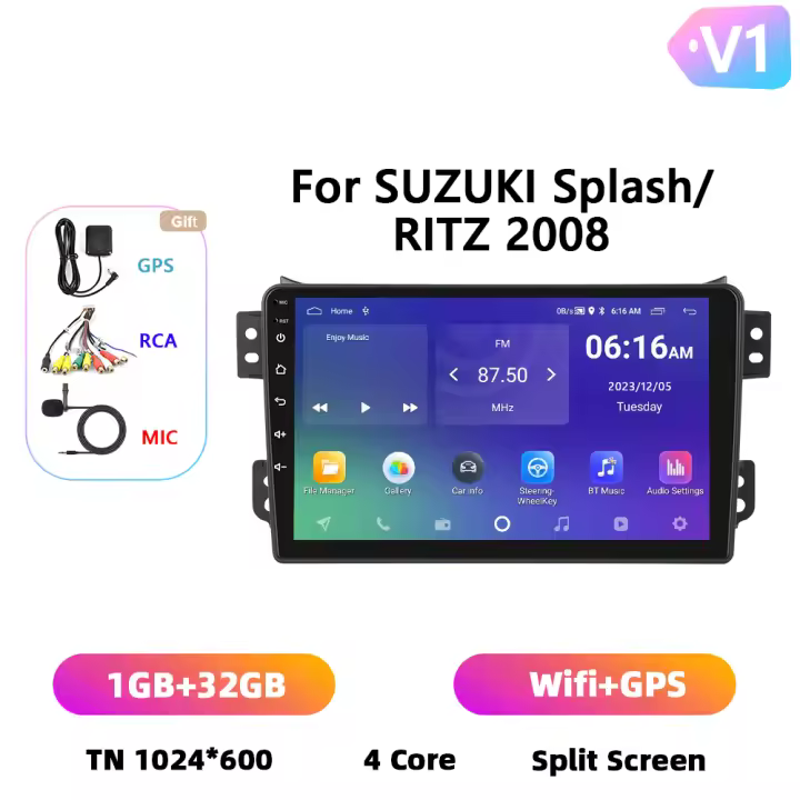 Podofo Radio de coche Android 2 Din para Suzuki Splash/RITZ 2008 Carplay 8+128GB AI Voice WIFI+4G DSP GPS Navegación Multimedia Reproductor de Video - 1