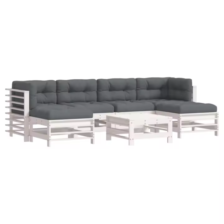vidaXL Juego de muebles jardín 7 piezas y cojines madera maciza blanco - 1
