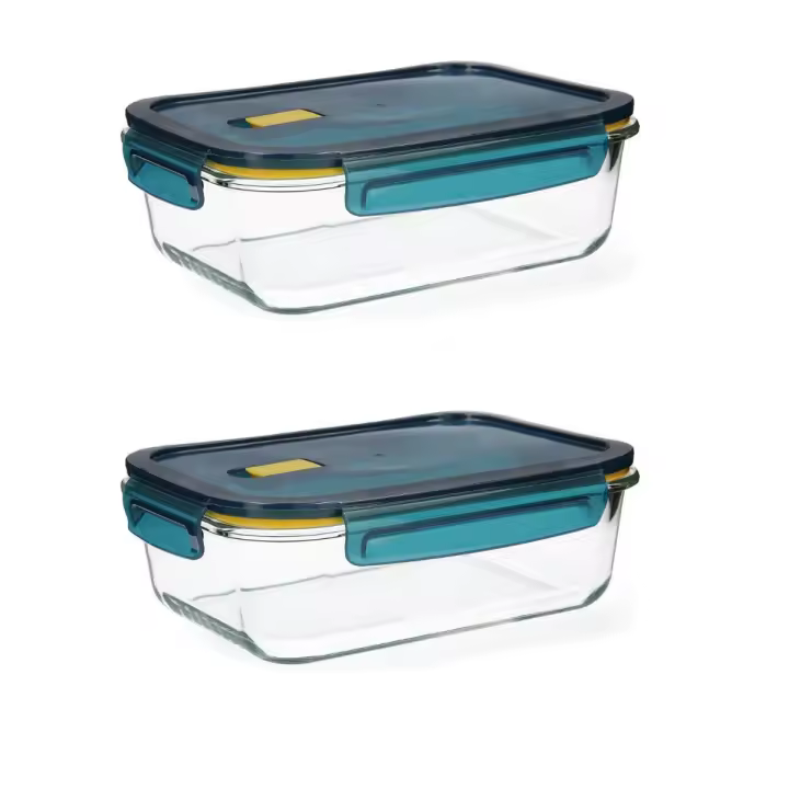 QUID ASTRAL 2 Hermeticos Rectangular Vidrio 23x17,5x8,4CM - 152CL Azul  Tapa 4 cierres herméticos 100% con válvula Reciclable - 1