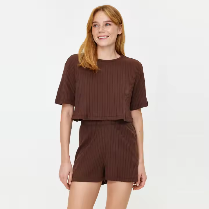 Trendyol Gray Ribbed Shorts Knitted Pajama Set Thmss21Pt1101 - 1