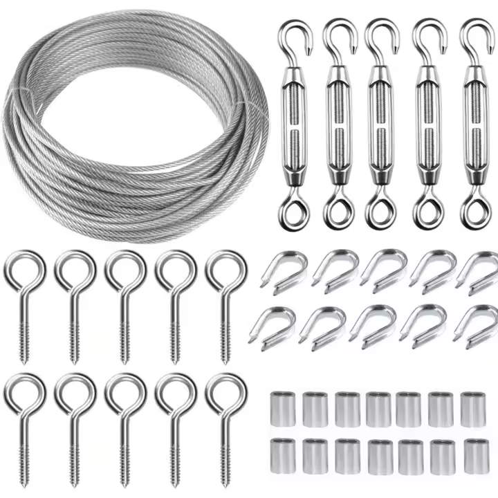 Kit de cuerda para colgar de acero inoxidable de 30 m, kit de cuerda de alambre, cuerda de acero inoxidable recubierta de 2 mm, con tensor de cable M5 y ganchos para ojos, para plantas trepadoras, barandilla, tendedero, AAFGVC - 1