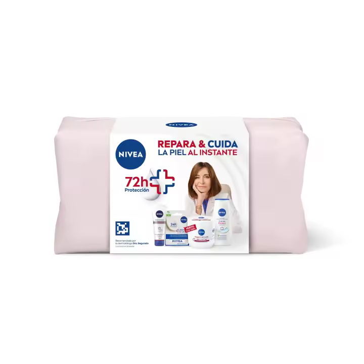 NIVEA Pack Repara y Cuida la piel al instante - Neceser regalo mujer – Contiene crema corporal, crema de manos, bálsamo labial y gel de ducha - 1