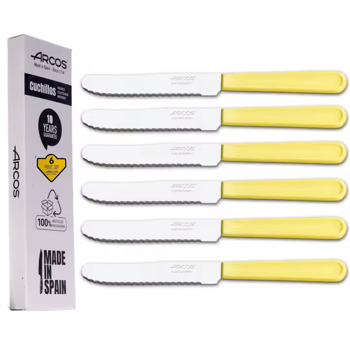 Arcos  Juego Cuchillos Mesa  Set Cuchillos  6 Uds  Cuchillo Fruta  Cuchillo Postre  Hoja 110 mm  Acero Inoxidable Martensítico  Mango Nylon  Apto lavavajillas  Envase Ecológico - 1